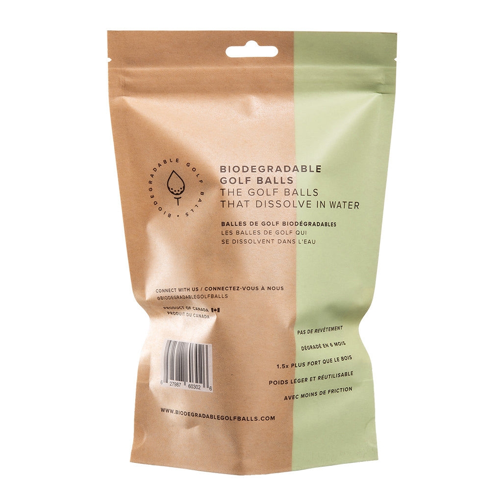 The back side of a bag of biodegradable golf tees made from bamboo.
