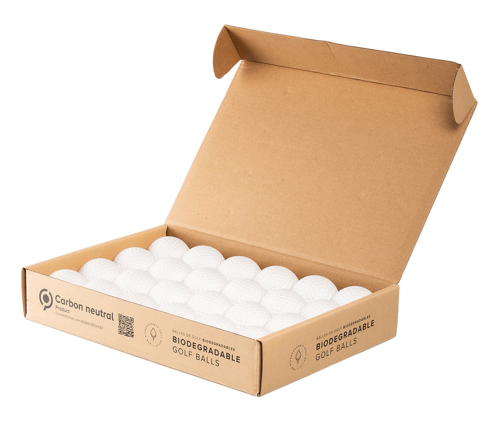 Pack of biodegradable / water soluble golf balls with the lid entirely open.