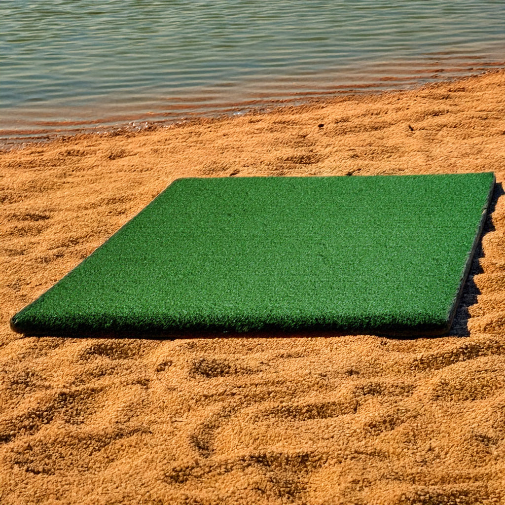 our large golf hitting mat setup at the beach perfect for driving biodegradable golf balls