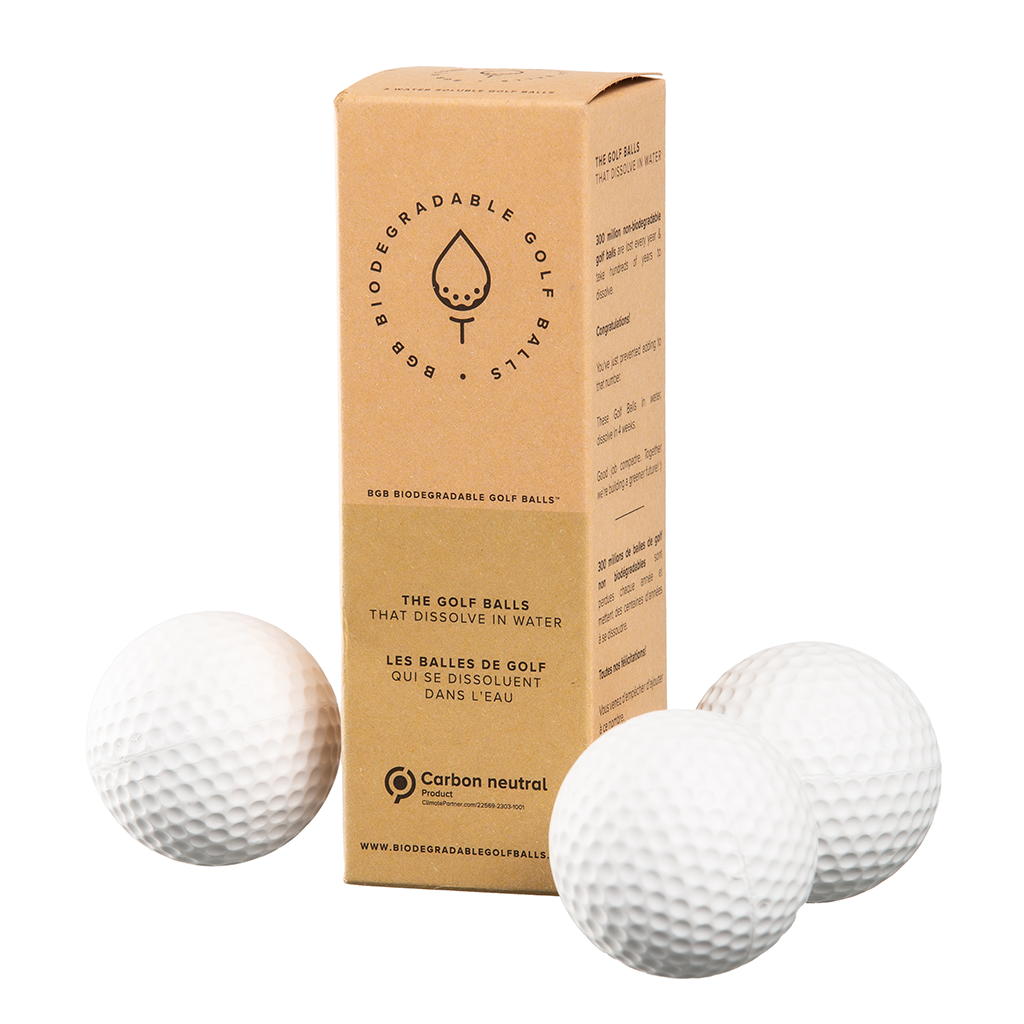 3 Individual water dissolving golf balls great for eco friendly gifts.