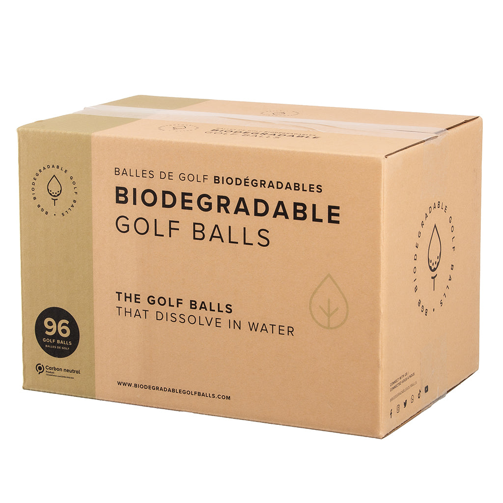 Our ecofriendly golf balls pictured here in a box of 96.