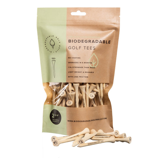 Biodegradable golf tees picture here in a 100 pack perfect for playing golf or used in tandem with our biodegradable golf balls.